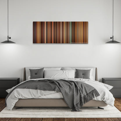 Once Upon a Time in Mexico color palette canvas above a bed, between two black pendant lamps