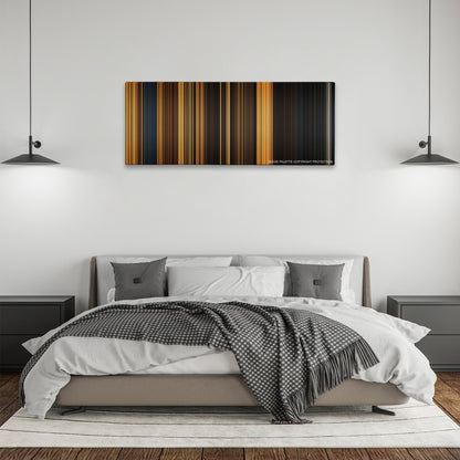 Riddick color palette canvas above a bed, between two black pendant lamps