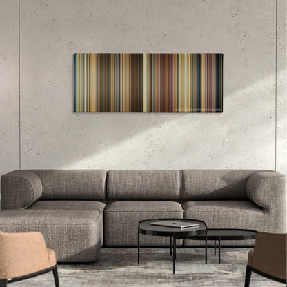 Alvin and the Chipmunks color palette canvas on a concrete wall above a gray sectional sofa