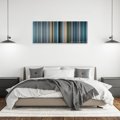 The Weather Man color palette canvas above a bed, between two black pendant lamps