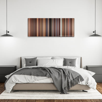 Mona Lisa Smile color palette canvas above a bed, between two black pendant lamps