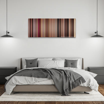 27 Dresses color palette canvas above a bed, between two black pendant lamps