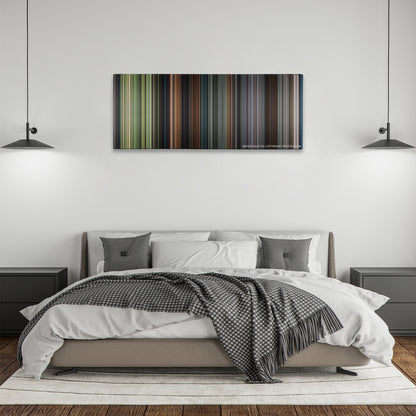 Steve Jobs color palette canvas above a bed, between two black pendant lamps