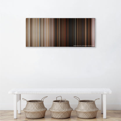 Superbad color palette canvas above a white bench with three woven baskets