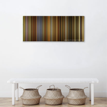 Andhadhun color palette canvas above a white bench with three woven baskets