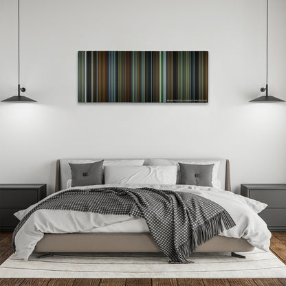 The Age of Adaline color palette canvas above a bed, between two black pendant lamps