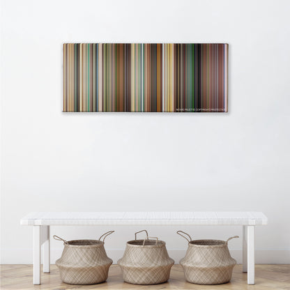 Kick-Ass color palette canvas above a white bench with three woven baskets