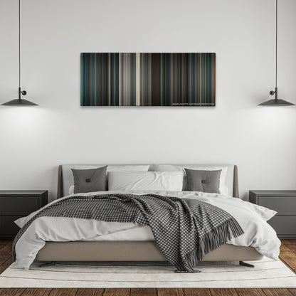 Flightplan color palette canvas above a bed, between two black pendant lamps