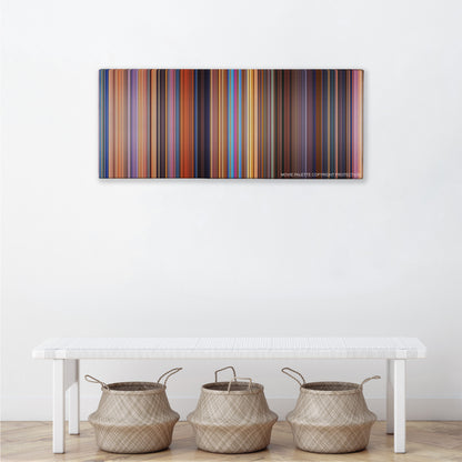 Toy Story 2 color palette canvas above a white bench with three woven baskets