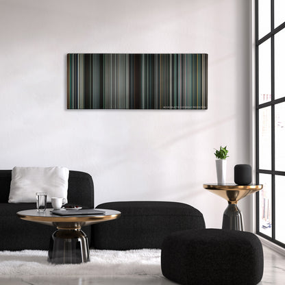 Terminator Salvation color palette canvas above a black sofa with a gold-topped table
