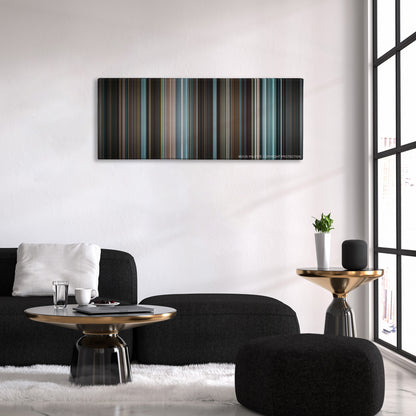 Men in Black II color palette canvas above a black sofa with a gold-topped table
