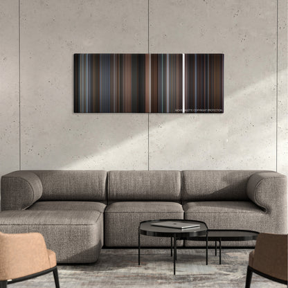 The Hudsucker Proxy color palette canvas on a concrete wall above a gray sectional sofa