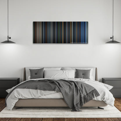 Fantastic Four color palette canvas above a bed, between two black pendant lamps