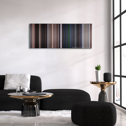 Mission: Impossible II color palette canvas above a black sofa with a gold-topped table