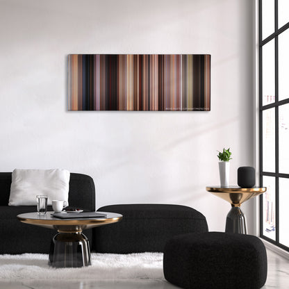 Jackie Brown color palette canvas above a black sofa with a gold-topped table