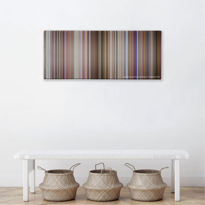 Hera Pheri color palette canvas above a white bench with three woven baskets