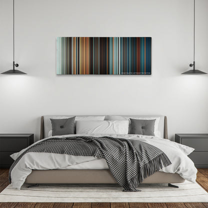 The Last Airbender color palette canvas above a bed, between two black pendant lamps