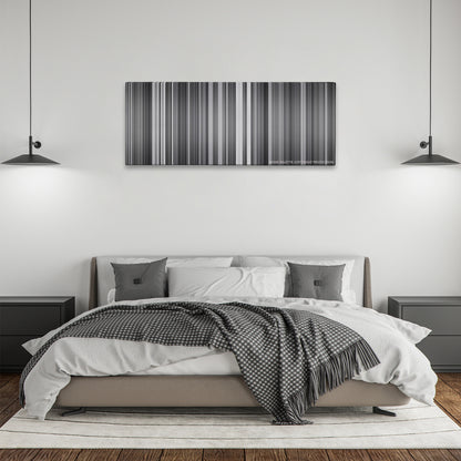 Rashomon color palette canvas above a bed, between two black pendant lamps