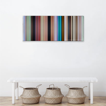 Ice Age color palette canvas above a white bench with three woven baskets
