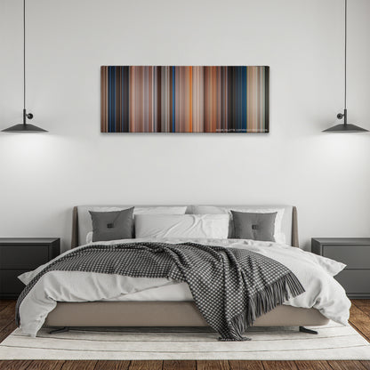 Lethal Weapon 4 color palette canvas above a bed, between two black pendant lamps