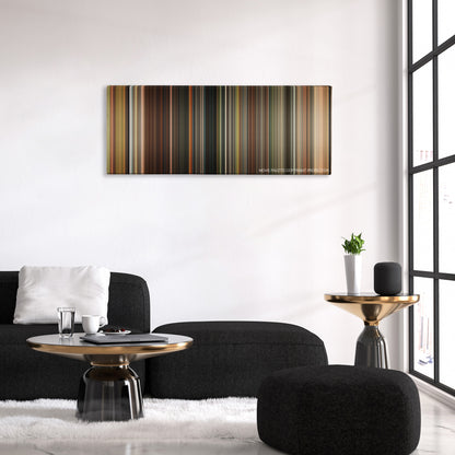 Abduction color palette canvas above a black sofa with a gold-topped table