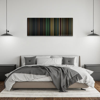 Buried color palette canvas above a bed, between two black pendant lamps