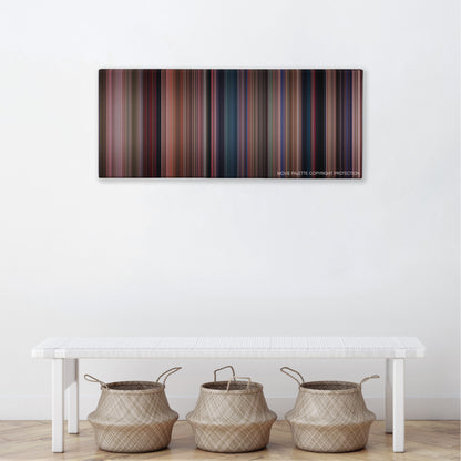 Heathers color palette canvas above a white bench with three woven baskets