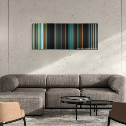 Wonder color palette canvas on a concrete wall above a gray sectional sofa