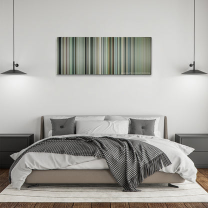 Invictus color palette canvas above a bed, between two black pendant lamps