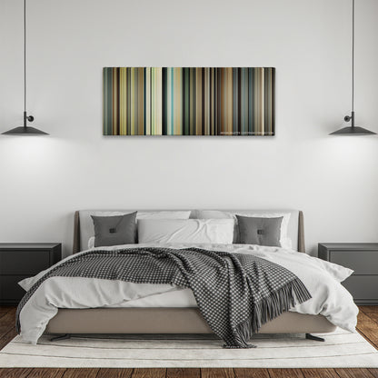 Unbroken color palette canvas above a bed, between two black pendant lamps