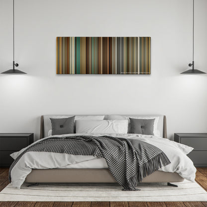 The Mechanic color palette canvas above a bed, between two black pendant lamps