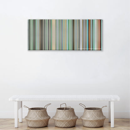 The Girl Who Leapt Through Time color palette canvas above a white bench with three woven baskets