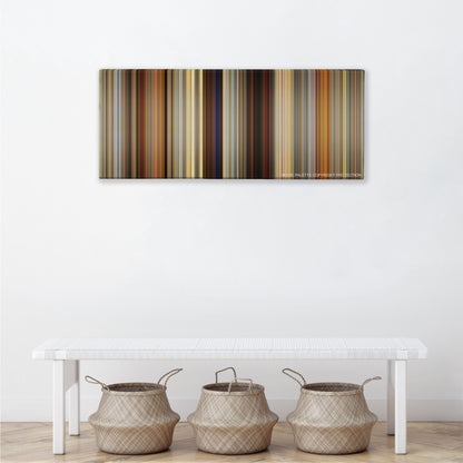 American Hustle color palette canvas above a white bench with three woven baskets