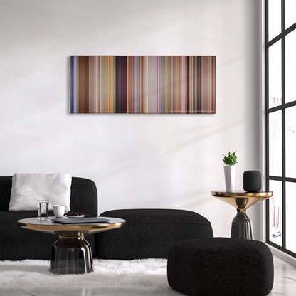 Anchorman: The Legend of Ron Burgundy color palette canvas above a black sofa with a gold-topped table