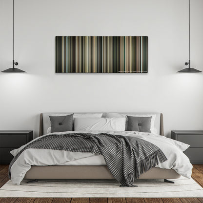 Incendies color palette canvas above a bed, between two black pendant lamps