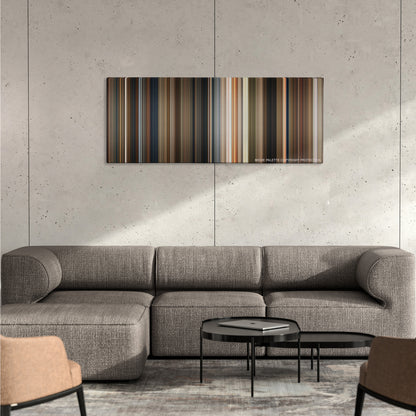 The Imaginarium of Doctor Parnassus color palette canvas on a concrete wall above a gray sectional sofa