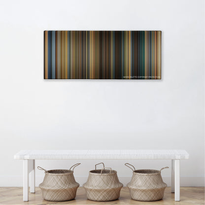 A Good Year color palette canvas above a white bench with three woven baskets