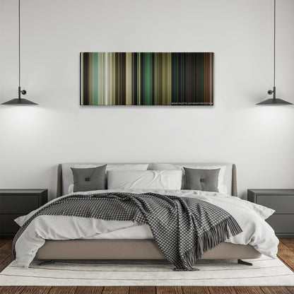 Terminator: Dark Fate color palette canvas above a bed, between two black pendant lamps