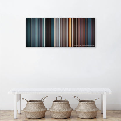 Mission: Impossible - Ghost Protocol color palette canvas above a white bench with three woven baskets