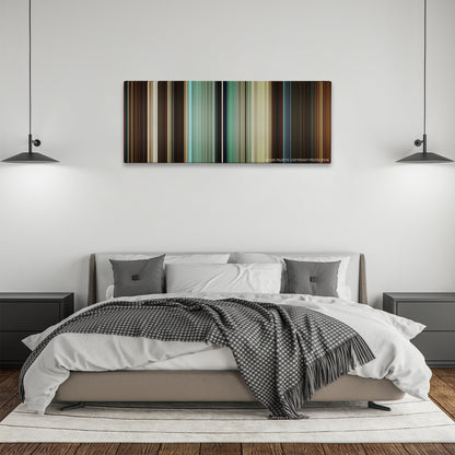 Hercules color palette canvas above a bed, between two black pendant lamps