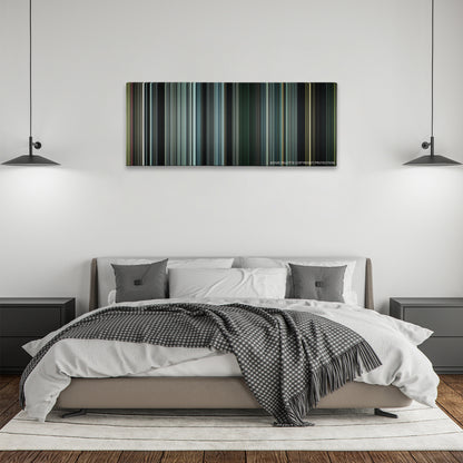 The Orphanage color palette canvas above a bed, between two black pendant lamps