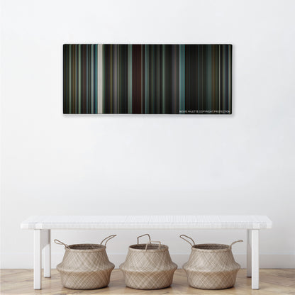 Nightcrawler color palette canvas above a white bench with three woven baskets