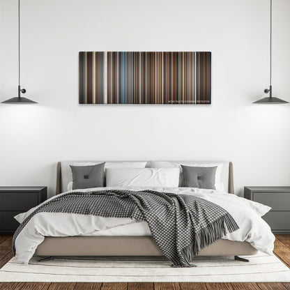 Trumbo color palette canvas above a bed, between two black pendant lamps