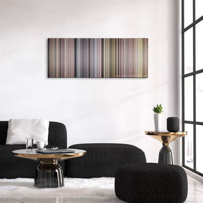 Children of Heaven color palette canvas above a black sofa with a gold-topped table