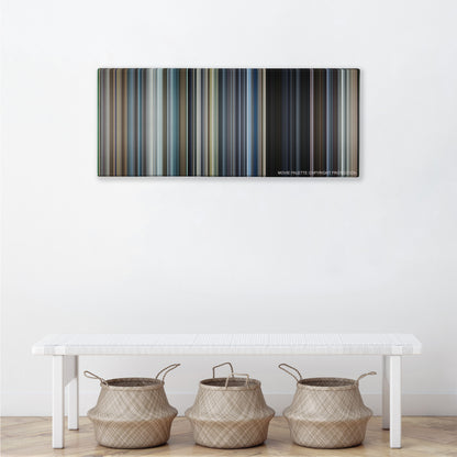 War of the Worlds color palette canvas above a white bench with three woven baskets