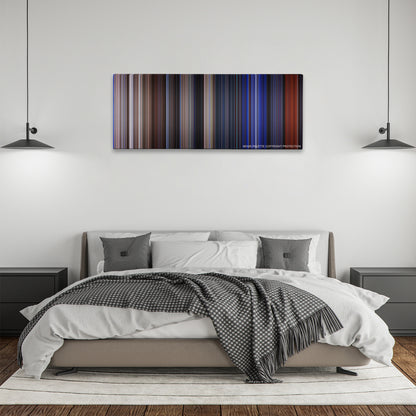 Predator 2 color palette canvas above a bed, between two black pendant lamps