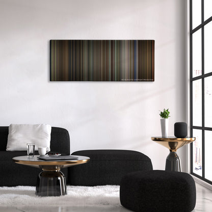 Jumanji color palette canvas above a black sofa with a gold-topped table