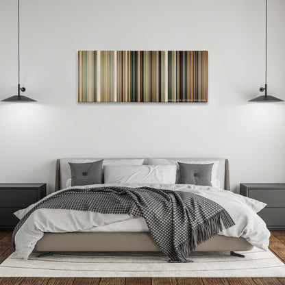 Marley & Me color palette canvas above a bed, between two black pendant lamps