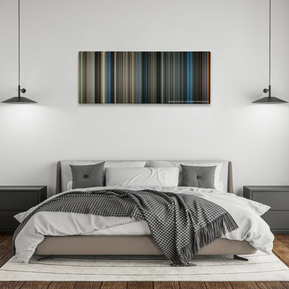 War Horse color palette canvas above a bed, between two black pendant lamps