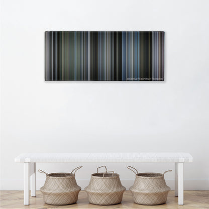 Mystic River color palette canvas above a white bench with three woven baskets